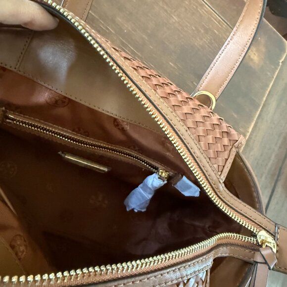 GUC Tory Burch Brown Woven Leather Mini Thea Tote - Picture 6 of 6